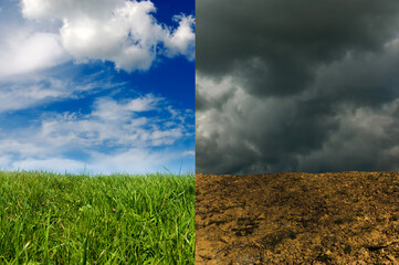 Fototapeta na wymiar comparing meadow and blue sky with dry ground and dramatic sky, global warming and climate change concept
