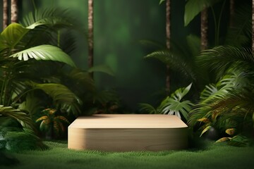 Wooden podium platform stage for product presentation in the tropical background. Podium mock up scene in the tropical forest. Generative AI