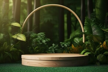 Obraz premium Wooden podium platform stage for product presentation in the tropical background. Podium mock up scene in the tropical forest. Generative AI