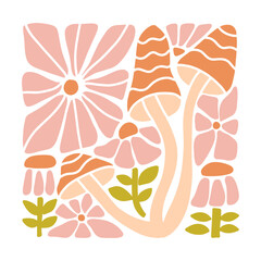 Groovy square card, or banner with boho psychedelic trendy print with liquid flowers, mushrooms. 60s 70s Vintage style Flat Hand drawn flat vector illustration. © LanaSham