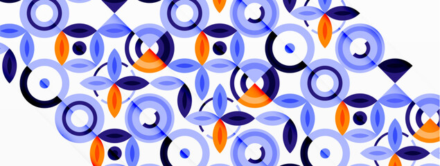 Abstract background - minimalist circles and round elements composition with varying sizes circles and other geometric shapes. The elements are arranged symmetrically in a grid-like pattern