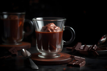 Generative Ai illustration. Hot chocolate in transparent mug and chocolate pieces on the background