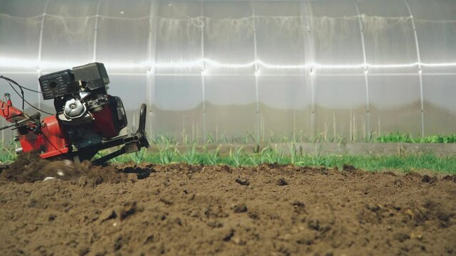Modern agriculture. Farmer worker plows the soil with a motor cultivator, tiller tractor, farming