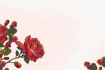 Floral background with roses for invitation or postcard, printing. Colorful background with hand contour drawing. Add your own text