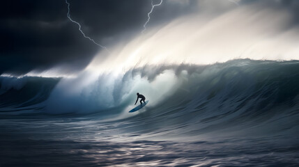 A surfer riding a massive wave in the ocean dynamic light  created with generative AI
