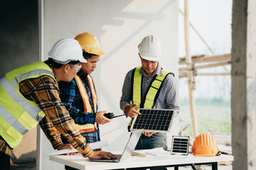 .Architect team working with blueprints for sketching a construction project, green energy and solar panel concept.