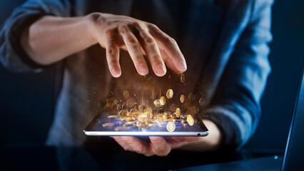 Concept of online investing in cryptocurrency. Earnings from selling or buying bitcoin