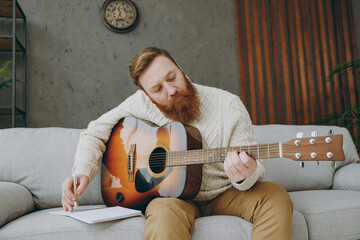 Young happy ginger man wear casual clothes play guitar writing text in notebook sits on grey sofa...