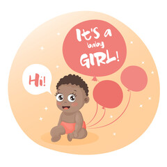 Cute black baby girl. Happy child. Vector illustration isolated on white background. Baby shower welcome greeting card.	
