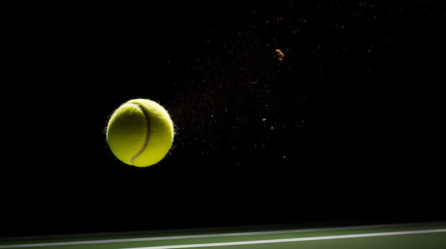 A tennis ball bouncing on the court caught in mid-air by   created with generative AI