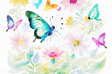 Fototapeta na wymiar Various watercolor flowers, butterflies, roses, peonies
