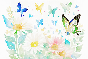Obraz na płótnie Canvas Various watercolor flowers, butterflies, roses, peonies