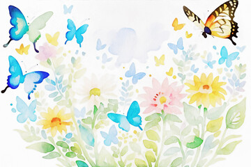 Fototapeta na wymiar Various watercolor flowers, butterflies, roses, peonies