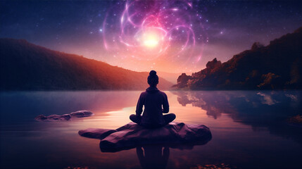 Person meditating in peaceful setting with glowing above her head. AI generated