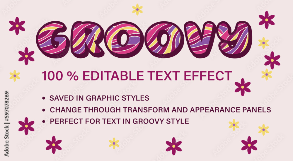 Poster groovy editable text effect in vintage style. volumetric letters with psychedelic waves. retro typog