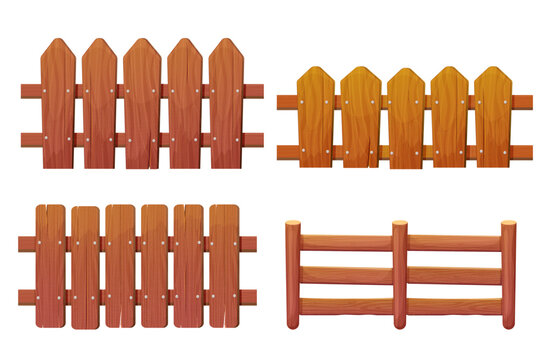 Wooden fencing on farm, ranch, garden isolated country timber fence in cartoon style isolated on white background. Hardwood slats, farming picket. Rural home protection, barrier of timber panels