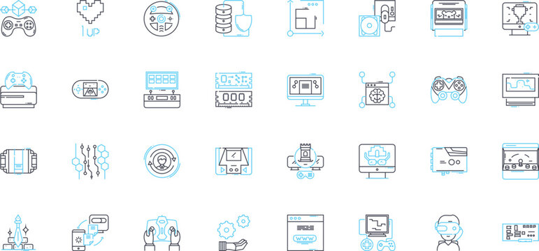 Computer hardware linear icons set. Processor, Graphics, Memory, Motherboard, HDD, SSD, Power line vector and concept signs. Output,Input,Ethernet outline illustrations