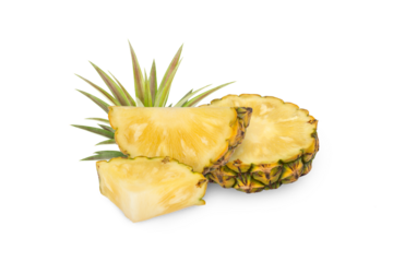whole pineapple and pineapple slice. Pineapple with leaves isolated on transparent background with clipping path, single whole pineapple and pineapple slice. with clipping path and alpha channel.
