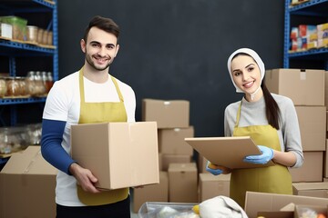 Charity, donation and volunteering concept. Happy smiling volunteers with boxes Preparing Free Food Delivery. Generative AI