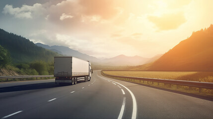 Truck with container on highway, cargo transportation, generative ai