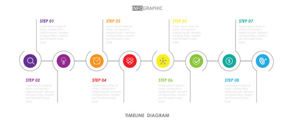 timeline diagram abstract element project week Infographic template for business. 8 step modern finance workflow Timeline diagram with presentation vector timeline roadmap infographic.