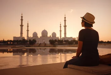 Türaufkleber travel to the United Arab Emirates, Happy young asian female traveler with backpack and hat in Wahat Al Karama or Oasis of Dignity, permanent memorial for its martyrs, and Shaikh Zayed Grand Mosque. © YURII Seleznov