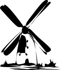 A black-and-white silhouette of a windmill