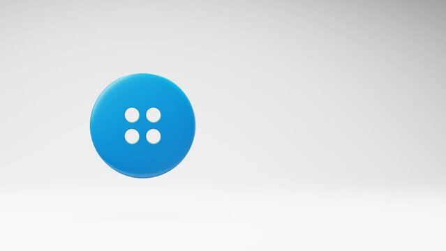 One Blue Tailor's Button Spinning on a Studio Light Gray Background, Seamless Loop 3D Animation with Copy Space