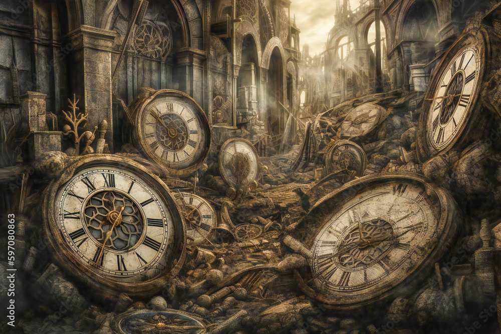 Poster surreal composition of rusty clocks. time related concept. created with generative ai technology.