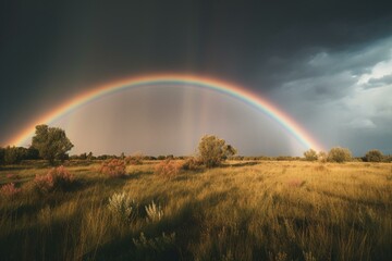 Fototapeta na wymiar A colorful rainbow arcs over cloudy skies after a storm. Generative AI