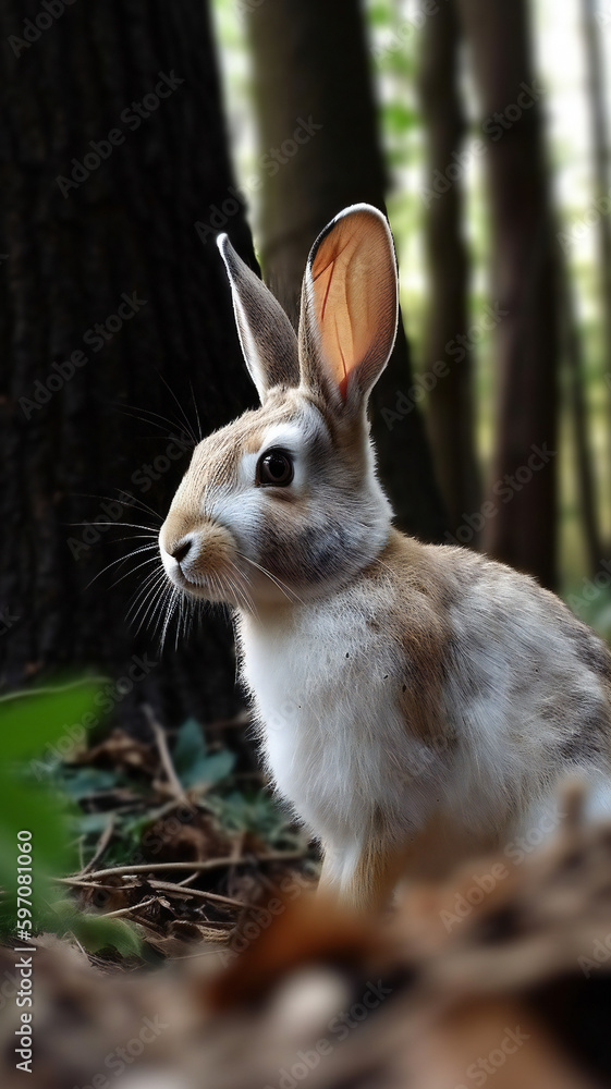 Poster illustration of a rabbit in a forest scene. created with generative ai technology.