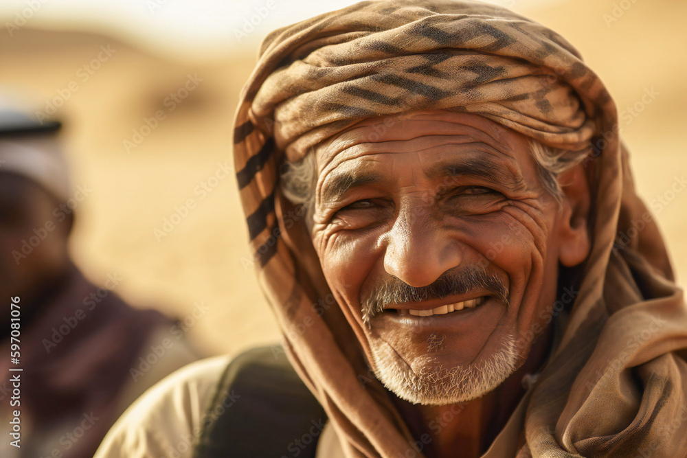 Poster a portrait of a smiling old muslim. created with generative ai technology.