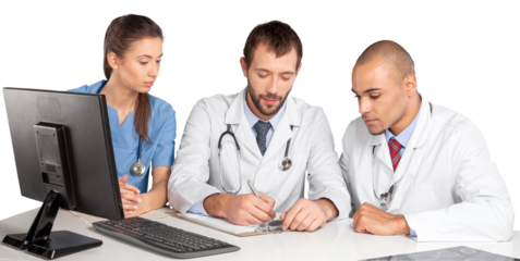 Portrait of Doctors Looking at Computer Monitor and Writing on Clipboard