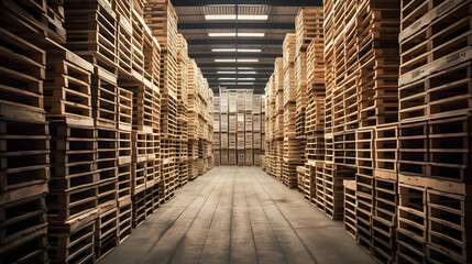 A warehouse with stacks of wooden pallets one  created with generative AI