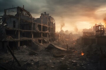 A dystopian city with rubble and fire in the sky, depicted using neoplasticism and matte painting techniques. Generative AI