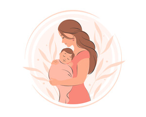 Woman holding baby in her arms. Pregnancy and breastfeeding concept. Vector illustration.