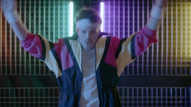 Retro man sport and workout in 80s disco retro style