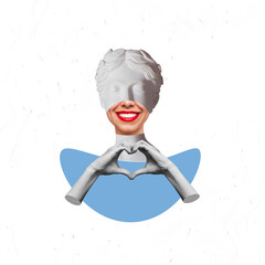 Young woman headed by antique statue showing a heart shape with hands isolated on white background. Feelings and emotions. 3d trendy collage in magazine style. Contemporary art. Modern creative design