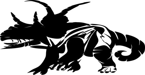 Black and white cartoon illustration. Silhouette of a mysterious dinosaur