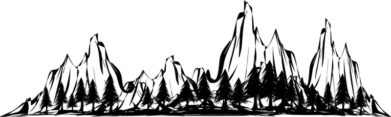 black and white cartoon illustration. silhouette of a natural rocky mountain view