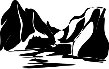 black and white cartoon illustration. silhouette of a natural mountain view