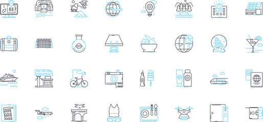 Leisure journey linear icons set. Vacation, Adventure, Relaxation, Exploration, Escape, Getaway, Excursion line vector and concept signs. Cruise,Safari,Tour outline illustrations Generative AI