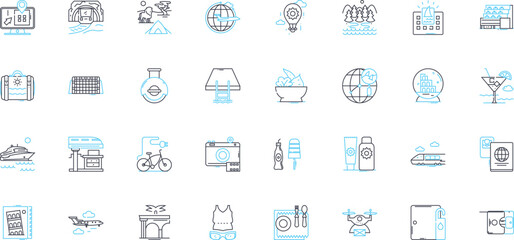 Fototapeta premium Leisure journey linear icons set. Vacation, Adventure, Relaxation, Exploration, Escape, Getaway, Excursion line vector and concept signs. Cruise,Safari,Tour outline illustrations Generative AI