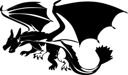 black and white cartoon illustration. silhouette of a fire dragon