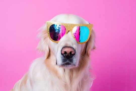 cool dog wearing sunglasses against a bright pink background. Generative AI