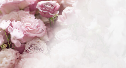 ピンクのカーネーションの花びらのアップ、バラの花束のマクロ接写　カードサイズ、母の日の背景（コピースペース