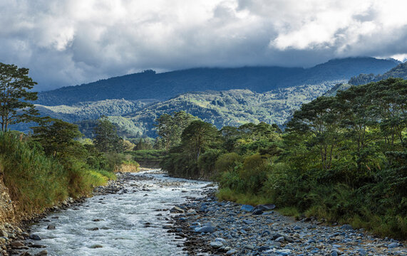 landscape shot of the river Rio Grand de Orosi near Cachi in Costa Rica