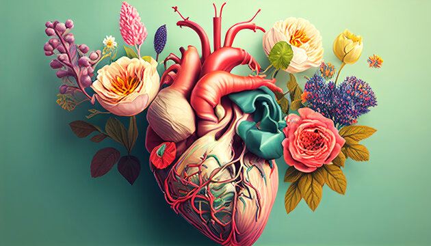 Human heart from flowers, Floral anatomical heart
 blooming heart, concept, Generative Ai
