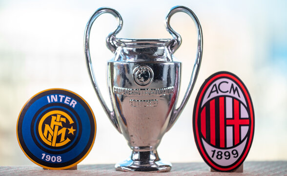 April 20, 2023, Moscow, Russia. Emblems of the football clubs participating in the Champions League semi-finals A.C. Milan and Inter Milan.