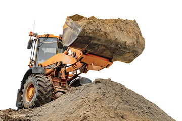 Powerful wheel loader or bulldozer isolated on white background. The loader pours sand into the...
